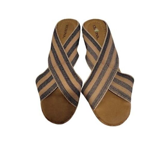 Merona Womens Blue Tan Striped Comfort Slip On Wedge Heel Size US 8.5 - Picture 1 of 7